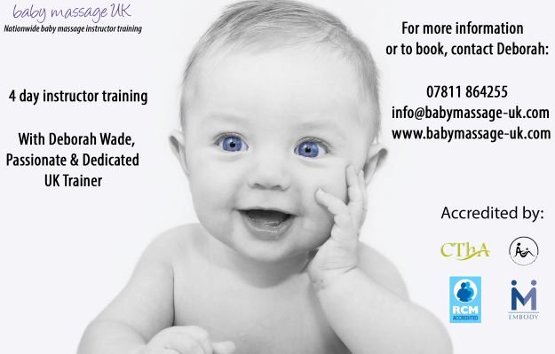 Enjoy a bonding session with your baby while developing your natural massage skills. Free, professionally led sessions @ the meeting house 11-13 June 1:30-2:30pm. For info/booking call Deborah 07811864255 E: info@babymassage-uk.com