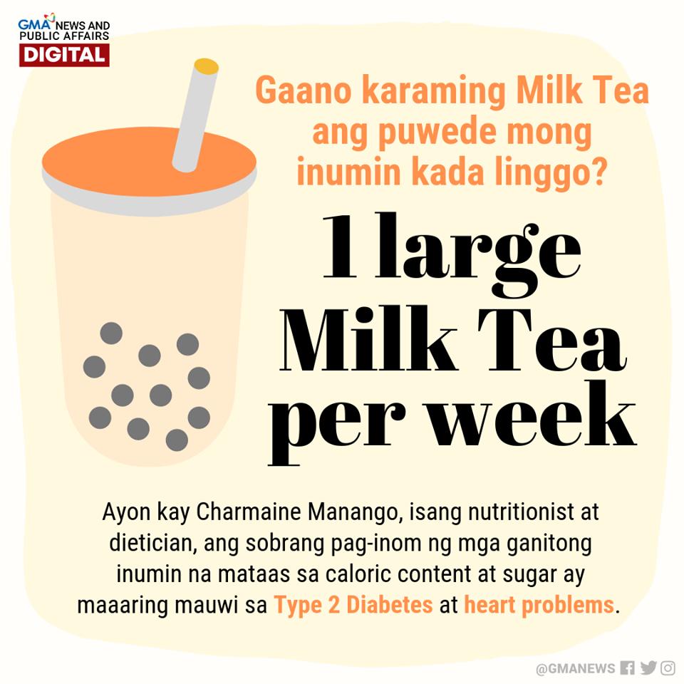 Mahilig ka ba sa milk tea? 😋

Ayon sa isang nutritionist at dietician, 1 large Milk Tea kada linggo lang ang puwedeng inumin ng isang tao.