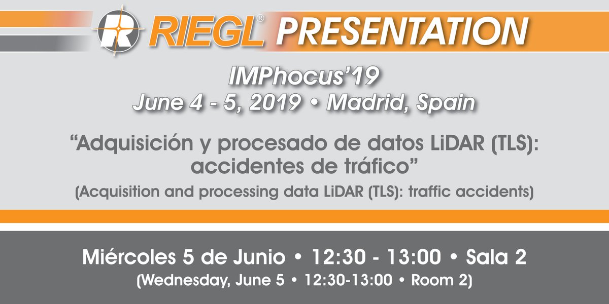 RIEGL's tweet photo. Learn all about how laser scanning can streamline how you collect and present data from traffic accident investigation at #IMPhocus this week in Madrid.

Come and visit the RIEGL team on booth 12 booth and see the RIEGL VUX-1UAV &amp; miniVUX-1DL UAV Sensors and VZ-400i TLS unit https://t.co/xXgFjJ1IOS
