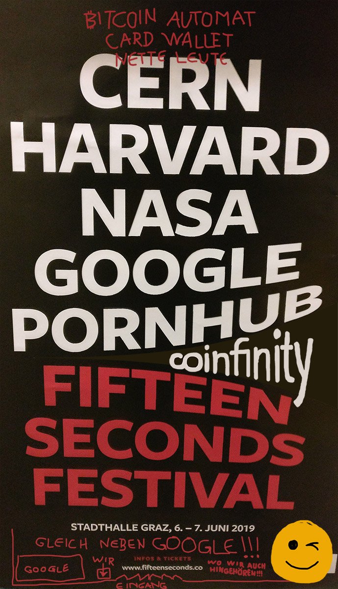 coinfinity's tweet photo. Auch heuer sind wir wieder beim #fifteenseconds Festival @wethinkahead vertreten. Kommt bei unserem Stand vorbei, es gibt #Bitcoin 🚀 Ihr findet uns direkt neben so einem Startup namens @Google! 😉 Stadthalle #Graz, Do 6. - Fr 7. Juni https://t.co/ttlfiHDQxs https://t.co/1BW6szhoPx