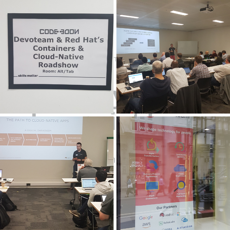 DevoteamUK's tweet photo. The DEV stream led by @Devoteam's Chris Judd and the OPS stream under our Milorad Stevic are leading a great hands-on #Devops experience day at @codenodeuk of building, deploying, and managing containerised cloud-native applications using @RedHatUK #TechforPeople https://t.co/ighpvnz5ZW