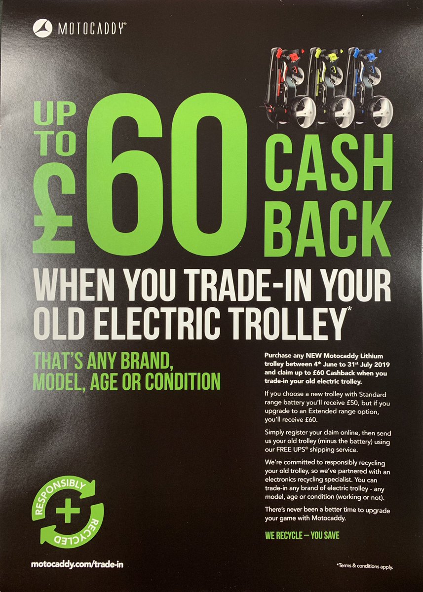 Latest offer from Motocaddy. Helping you upgrade and recycle your old electric trolley whilst receiving cash back! Never a better time to upgrade!