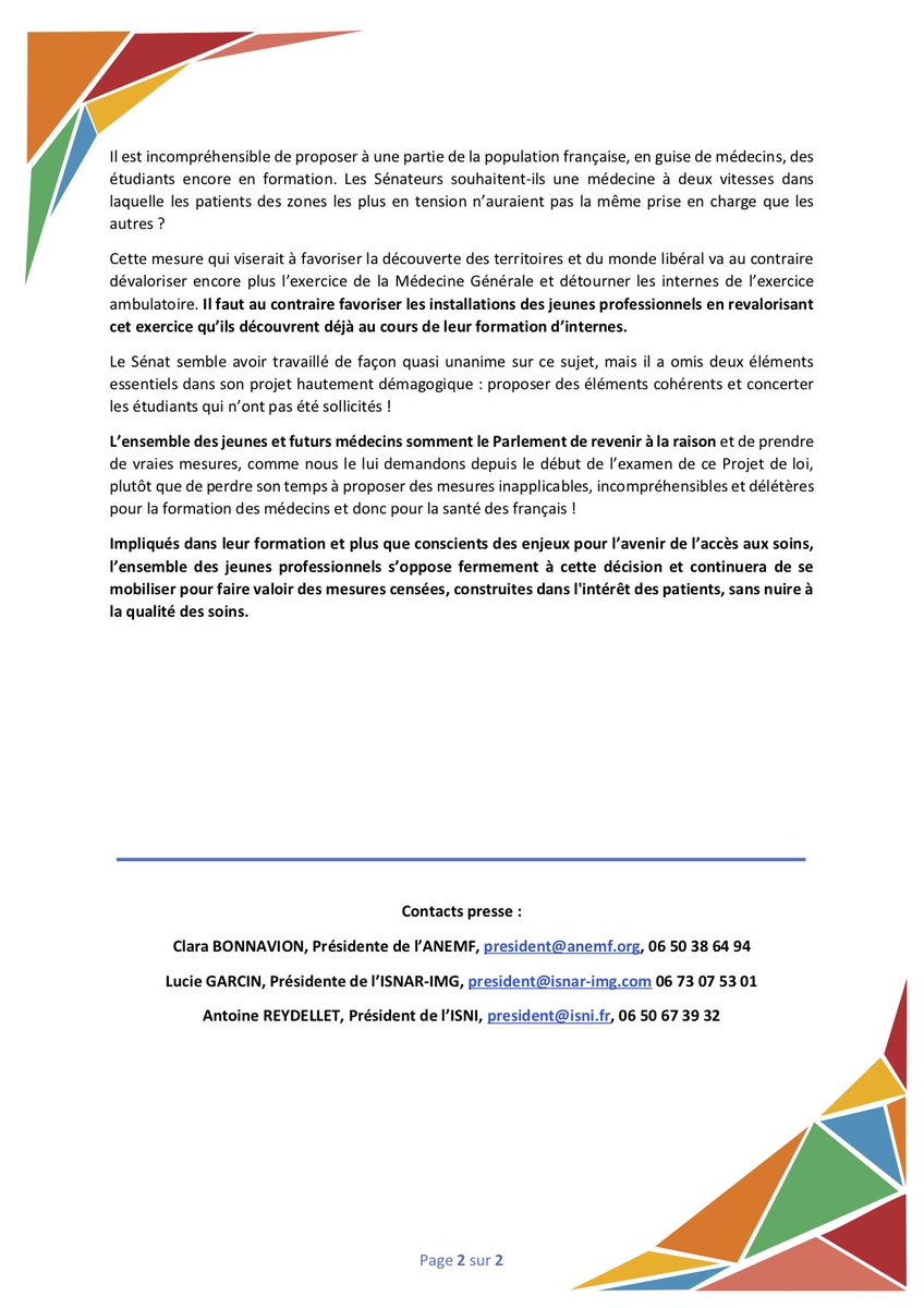 [COMMUNIQUÉ DE PRESSE] 

Balayant tout intérêt pédagogique le <a href="/senat/">Sénat</a> vote pour obliger les internes à effectuer leur dernière année de formation en ambulatoire en autonomie COMPLÈTE : 

NON ❌

Ne bradons pas la formation des médecins de demain et la santé des patients !