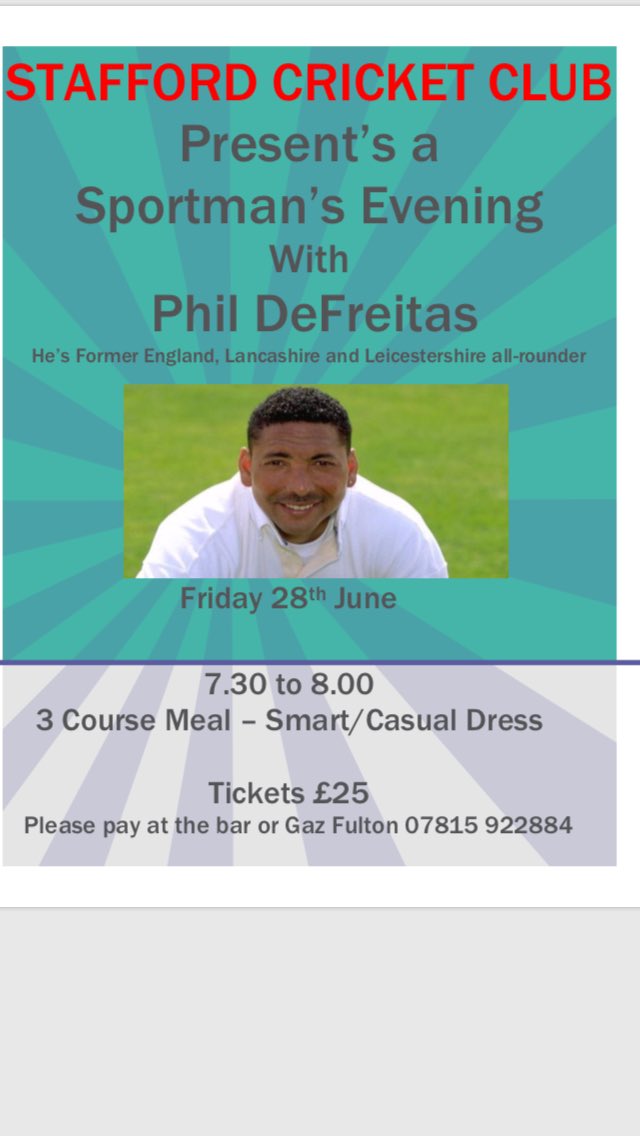 staffordcc's tweet photo. Annual @staffordcc Sportsman’s Dinner below Friday 28th June 2019 with Phil DeFreitas tickets available now £25 #cricket @STAFFORDFM https://t.co/Jw7AXfjav0