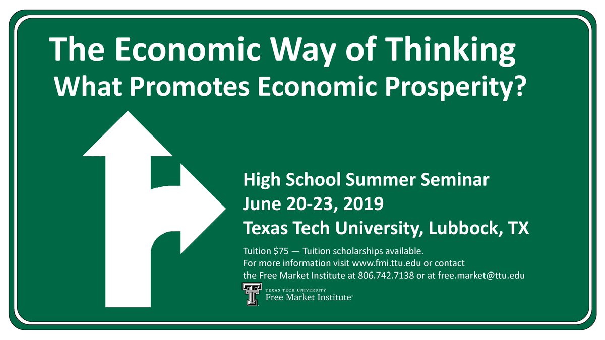 TxSocialStudies's tweet photo. 👀       👀
The Texas Tech Free Market Institute (FMI) will host The Economic Way of Thinking: What Promotes Economic Prosperity?, a seminar for high-school students (aged 16-18) this summer from June 20-23, 2019. 
#txcss2019 
#texased https://t.co/fM74JVqrdI