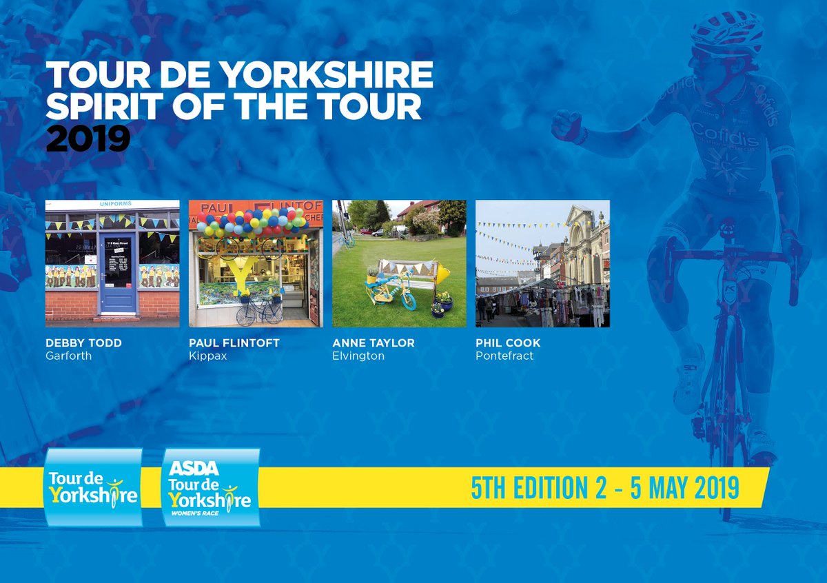 Tour de Yorkshire 🚴 (@letouryorkshire) on Twitter photo Our final category is the Spirit of the Tour award, for individuals who best embrace the Tour de Yorkshire. The nominees are:
- Debby Todd, Garforth
- Paul Flintoft, Kippax
- Anne Taylor, Elvington
- Phil Cook, Pontefract
Vote below now #TDY Our final category is the Spirit of the Tour award, for individuals who best embrace the Tour de Yorkshire. The nominees are:
- Debby Todd, Garforth
- Paul Flintoft, Kippax
- Anne Taylor, Elvington
- Phil Cook, Pontefract
Vote below now #TDY