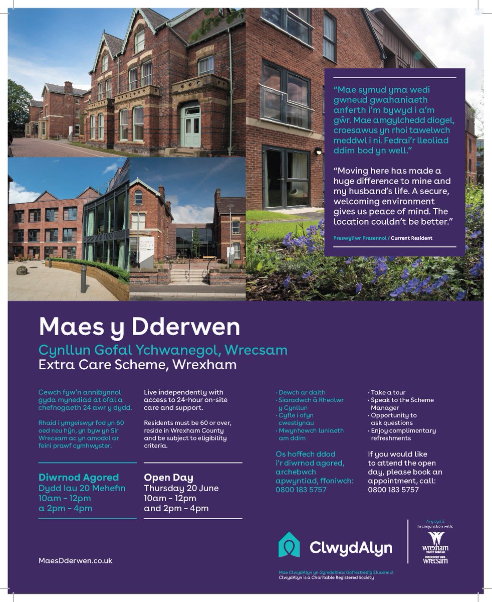 Do you know anyone 60 years or over with a care and support need and live in the #Wrexham area? Open Day at Maes y Dderwen on the 20 June.  To attend, please book an appointment on 0800 183 5757. #extracare #openday
