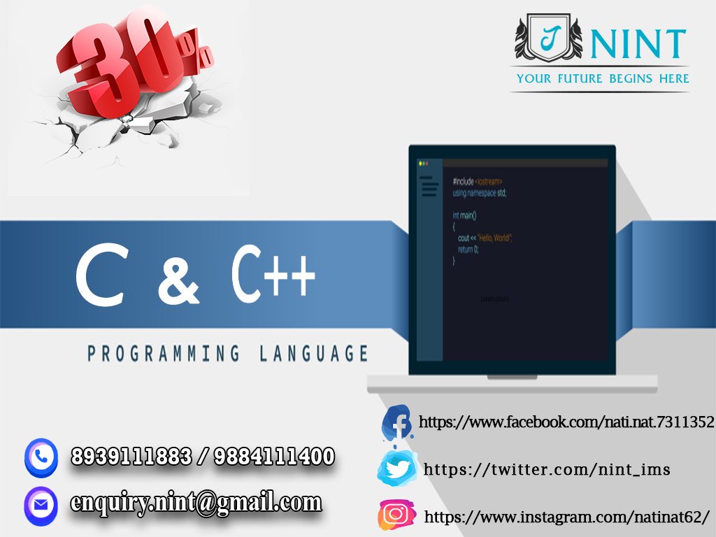 nint_ims's tweet image. nintedu.com/cc/
Learn C and C++ programming In NINT
30% Discount Limited person only. So, Quicky to Join Let&apos;s create be a programmer.
#NINT #C_programming #C_plus_plus #programming_language #computer_programming #computer_programming_language #software_developer