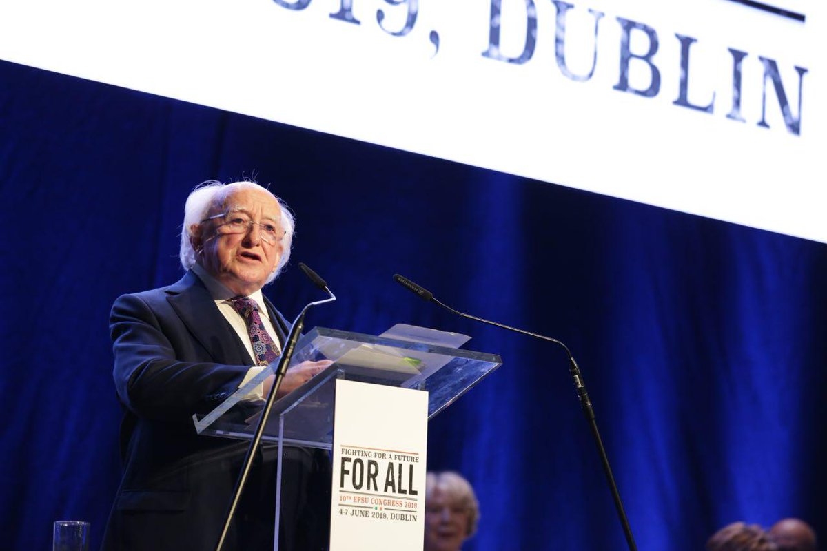 EPSUnions's tweet photo. L'emploi de qualité dans le secteur public signifie de bons services pour les citoyens, @PresidentIRL Président Michael D. Higgins s'adresse au #EPSUcongress19 @CFDT @CFDTsantesoc @interco_cfdt @lacgtcommunique @FOFonctionnaire @force_ouvriere https://t.co/ooOkG7u5O6