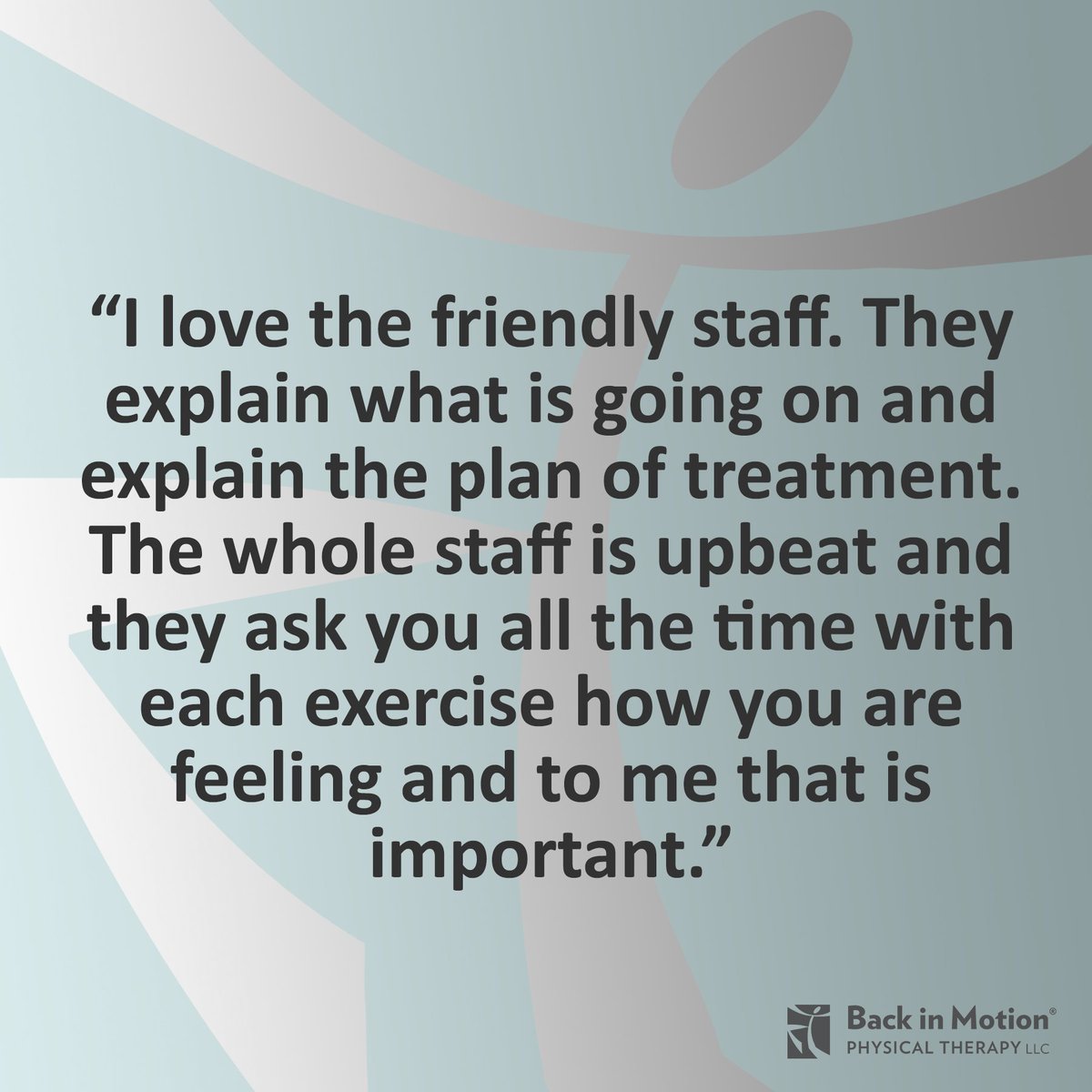 BackinMotionPT's tweet photo. Our staff members work with you ONE ON ONE to make sure you are receiving the excellent care that you deserve. This individual treatment method helps to ensure that your treatment plan and exercise program are going well so that you can become #painfree ! https://t.co/MA3xsIBYD7