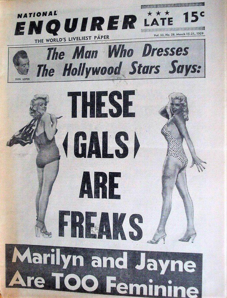 bitter69uk's tweet photo. The hard-hitting headlines that matter! #JayneMansfield #MarilynMonroe #DonLoper #kitsch #retro #atomicera #LobotomyRoom #vintagesleaze #vintagesmut #tabloid #NationalEnquirer #badtaste #shockvalue https://t.co/MegXvzPxAi