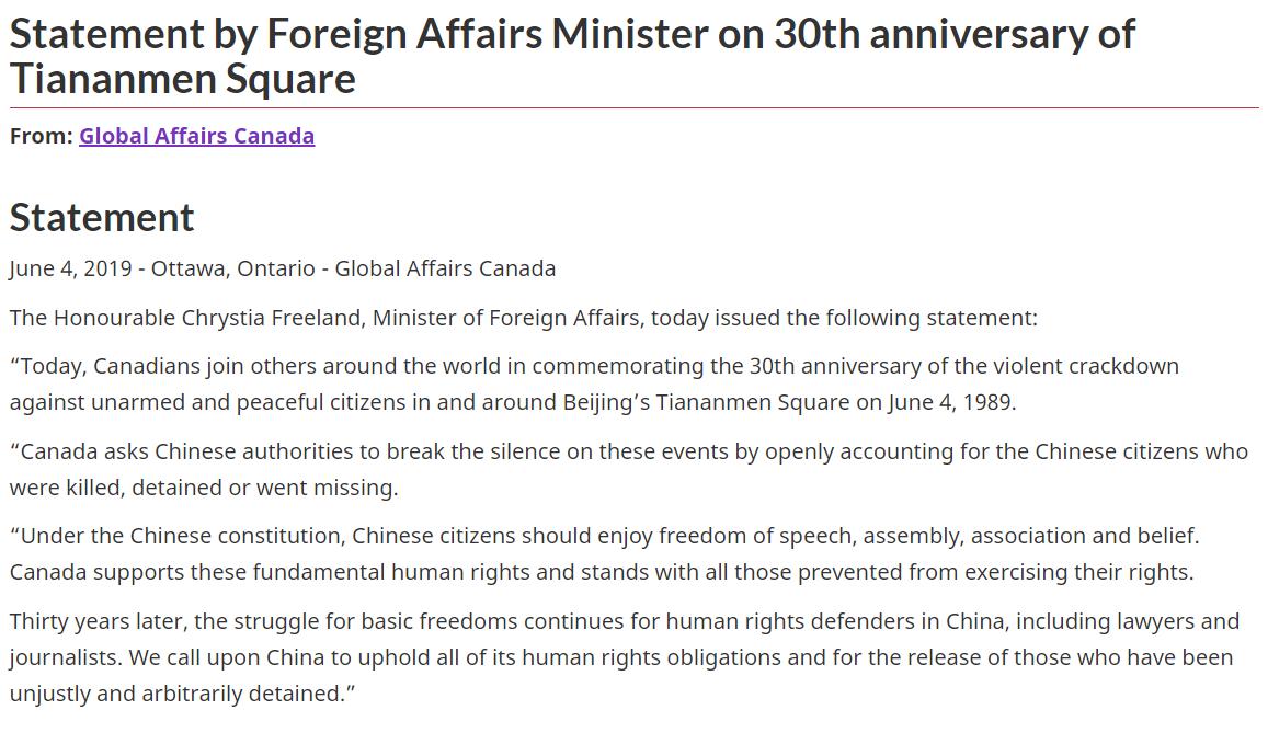 Foreign Affairs Minister Chrystia Freeland calls on China to "break the silence" on Beijing's Tiananmen Square massacre and account for all who were "killed, detained or went missing" in June 1989. (To this day Beijing tries to erase or distort any memory of June 3 and 4 in 1989)