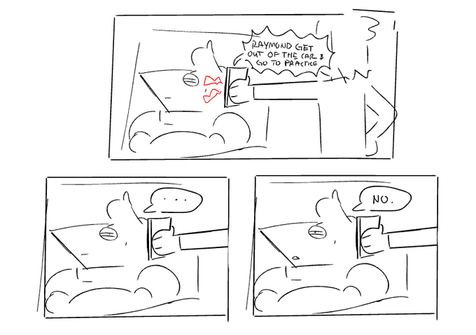 the Raymond car gag was also based on a stupid comic I made that same day (I was going wild I made like 5 of these comics for the crew slack) and then went feral when Ian/Toby told us we were gonna board a voxmore sitcom ep a year later 