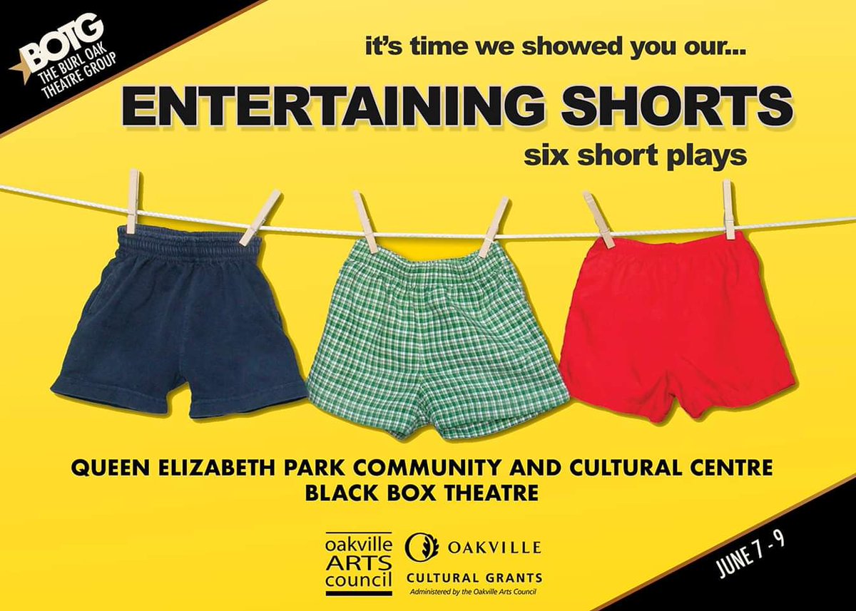 BurlOakTheatre's tweet photo. Entertaining Shorts begins this Friday! June 7-8 at 8pm, June 9 at 2pm..Seven short plays by local writers, actors, and directors. Tickets $15 at the door! Black box theatre at QEPCCC #QEPCCC #BOTG #Oakville #communitytheatre https://t.co/CHpU5HniUI