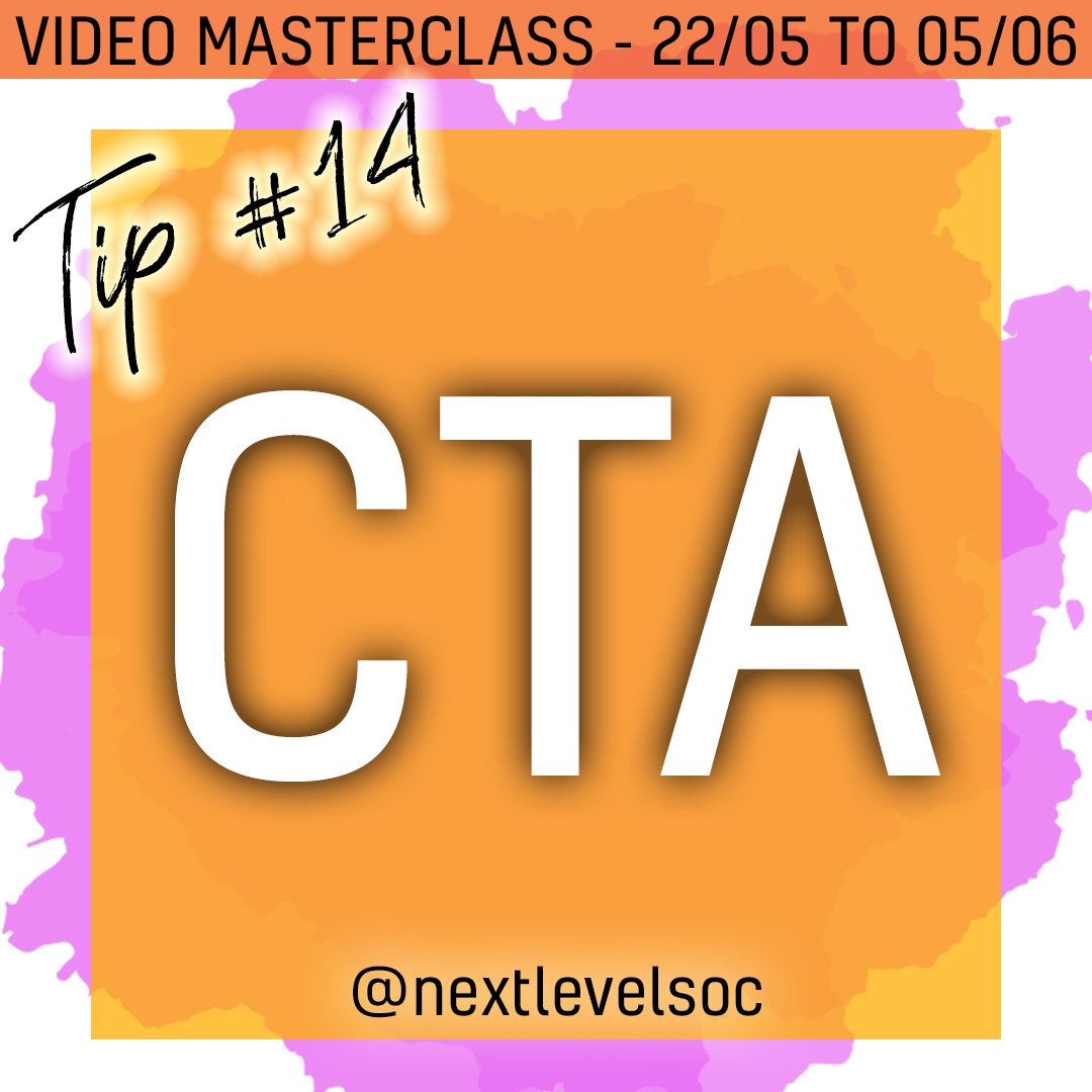 ⭐ VIDEO MASTERCLASS ⭐

DAY 14 – TIP #14

Call-To-Action.
Give viewers an action item by placing a CTA in the middle or at the end of your video. Whether it’s asking a question, to leave a comment, or directing them to your website, just be sure to have a next step!

#Marketing