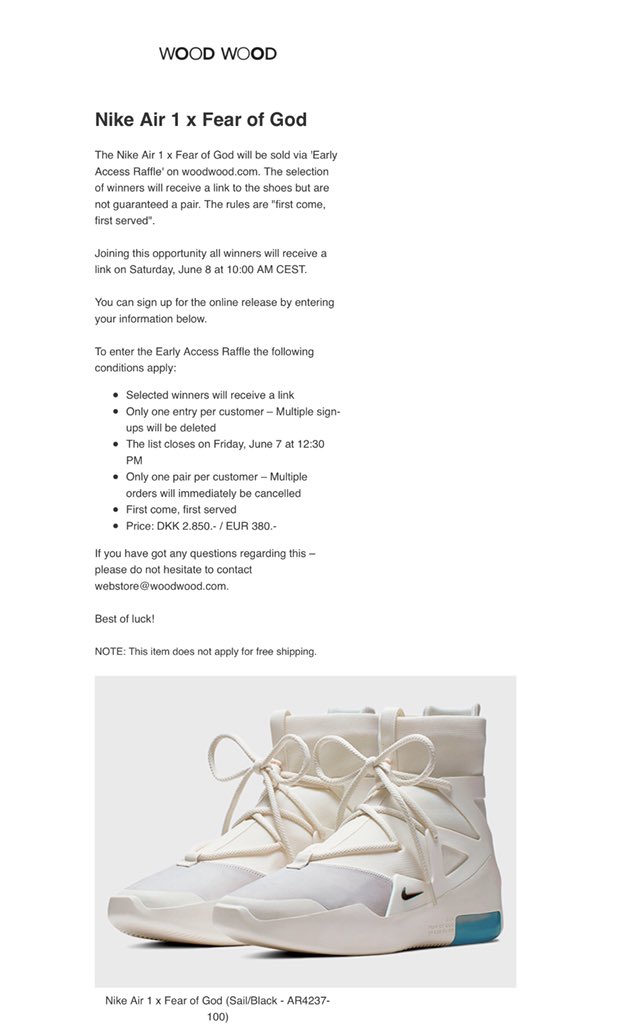 SNKR TWITR on X Nike Air x FOG 1 Sail online raffle open via Wood Wood https t uWWdorV8Pb AD https t zhiuC1y6Qr X