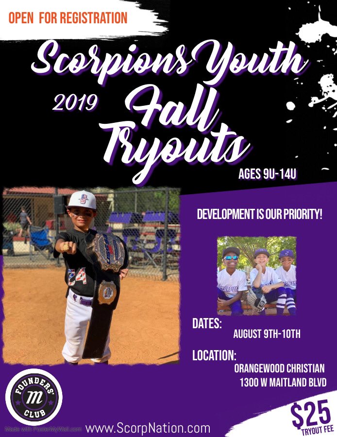 Come join the Purple family! Registration is now open for Fall ‘19 tryouts! #development #ScorpNation 🦂 scorpionsbaseball.leagueapps.com/events/1159348… <a href="/MarucciDugout/">Marucci Dugout</a> <a href="/OrlandoScorps/">Scorpions Baseball</a>