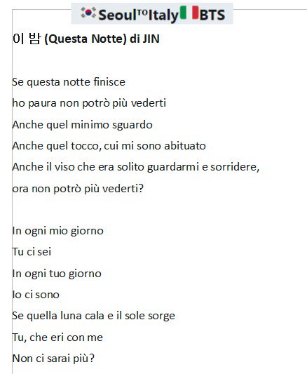 Seoul_ItalyBTS's tweet photo. #TradITA [#Testo]
@BTS_twt #JIN #이밤 

Traduzione ITA testo della canzone ' #QuestaNotte ' di JIN dei #BTS

🎧https://t.co/SRKAwH92Rl

#TonightByJinOutNow
#THISNIGHTbyJIN
#이밤ByJin https://t.co/nW5t3l6MW6