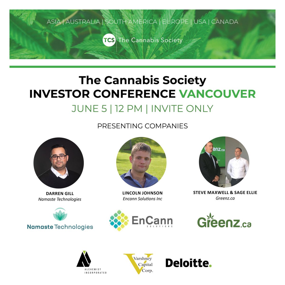 CannabisSoTO's tweet photo. Tomorrow in #Vancouver (Wed. June 5th) is our Investor Conference at @DeloitteCanada ft. @Namaste_Tech @EnCannSolutions @Greenz_ca @CSE_News @AlchemistInc &amp; #VarshneyCapital. Connect with founders and #cannabis #investment opportunities in #VanCity #YVR https://t.co/ycCJbI6eS3 https://t.co/occCiMGWBw