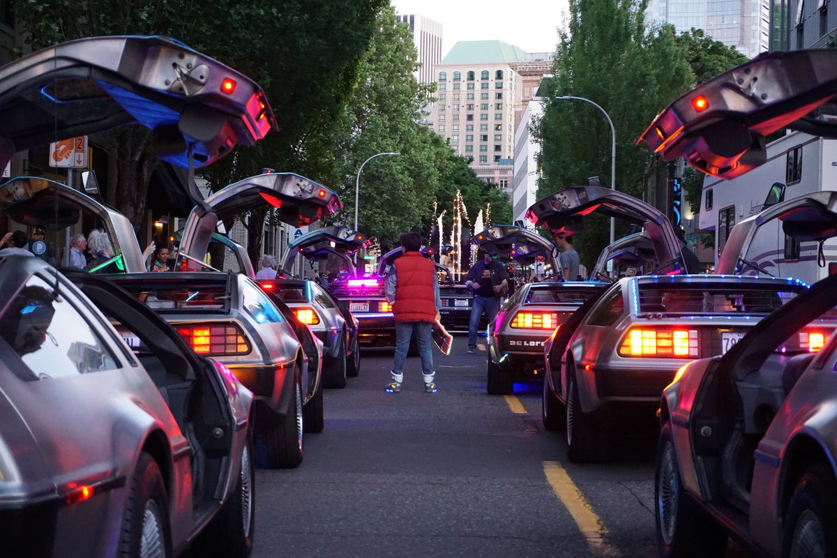 Favorite shot from the Starlight Parade by Brandon Payne. 🌠 In my element with stainless steel. #backtothefuture #bttf #martymcfly #michaeljfox #cosplay #delorean #starlightparade #pdx #pdxevents #portland #downtownportland #downtownpdx #keepportlandweird