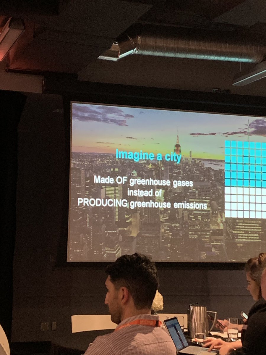 Carbonova Corp. can produce carbon nanofibres as a manufacturing material from waste energy and #GHGs. I love her slide: Imagine a city...made OF greenhouse gases instead of PRODUCING greenhouse emissions. #ENV2019