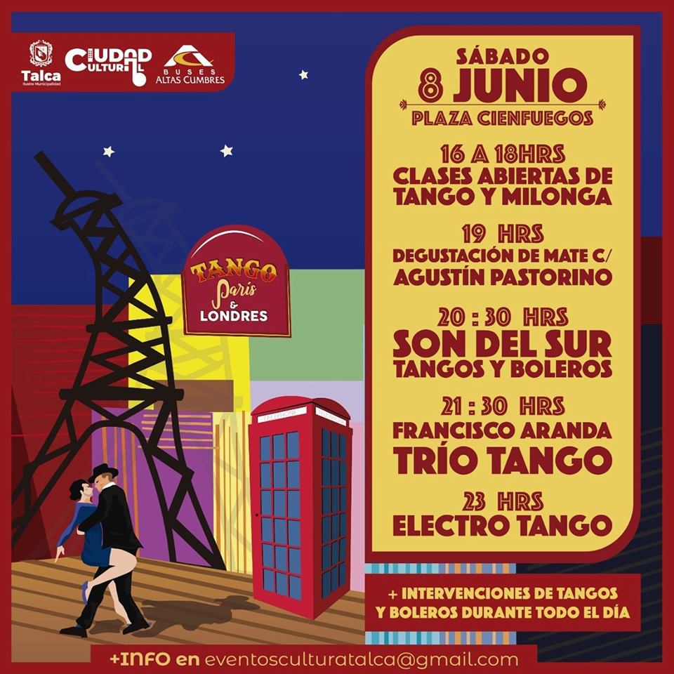 IMTalca's tweet photo. Este viernes, sábado y domingo disfruta de nuestro Tango, París y Londres en Plaza Cienfuegos, con foodtruck, sector de floristas, pintores y mucho más. Estos son las actividades programadas para el día sábado 08 de junio. https://t.co/cNVFShldeX
