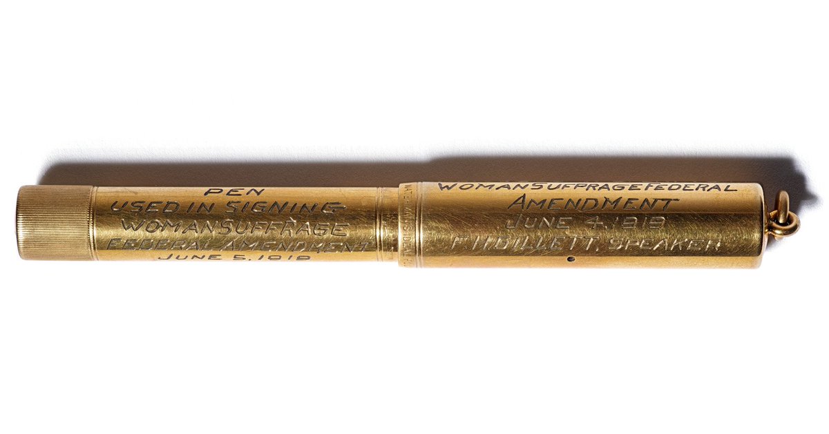 amhistorymuseum's tweet photo. 100 years ago today: Congress approves the 19th Amendment to the U.S. Constitution, setting the stage for a ratification battle that would stretch into the next year. This gold pen was used to sign the amendment's joint resolution. #19thAt100 #BecauseOfHerStory https://t.co/FZ5woICFF1