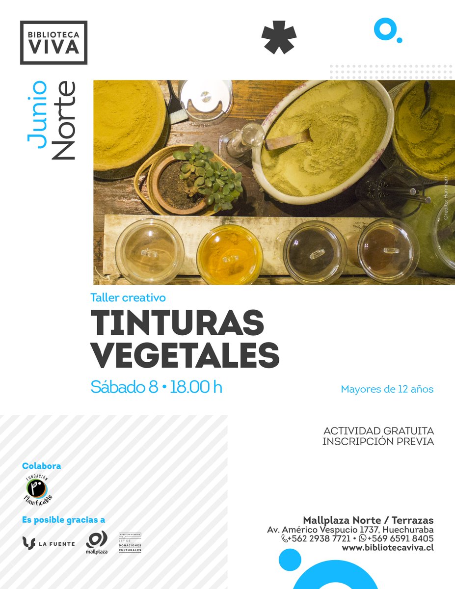 planificable's tweet photo. Este sábado 08 de junio en Biblioteca Viva Norte aprenderemos de tinturas naturales por medio de un taller teórico práctico donde experimentaremos con especies vegetales para realizar tinturas.
¡Te esperamos!
#planificable #educaciónambiental #sustentabilidad @Biblioteca_Viva https://t.co/atByt8FKAz