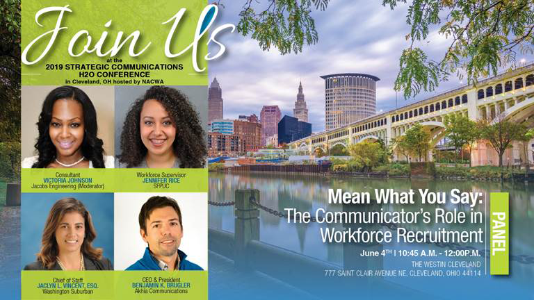 NACWA's tweet photo. Watch live from #StratComm19 - Ben Brugler @akhia, Jennifer Rice @SFWater, Jaclyn Vincent @WSSCWaterNews, and Victoria Johnson @JacobsConnects will discuss the role of communications in workforce development. https://t.co/jx8RDApLP4 https://t.co/qUNGajQhkz