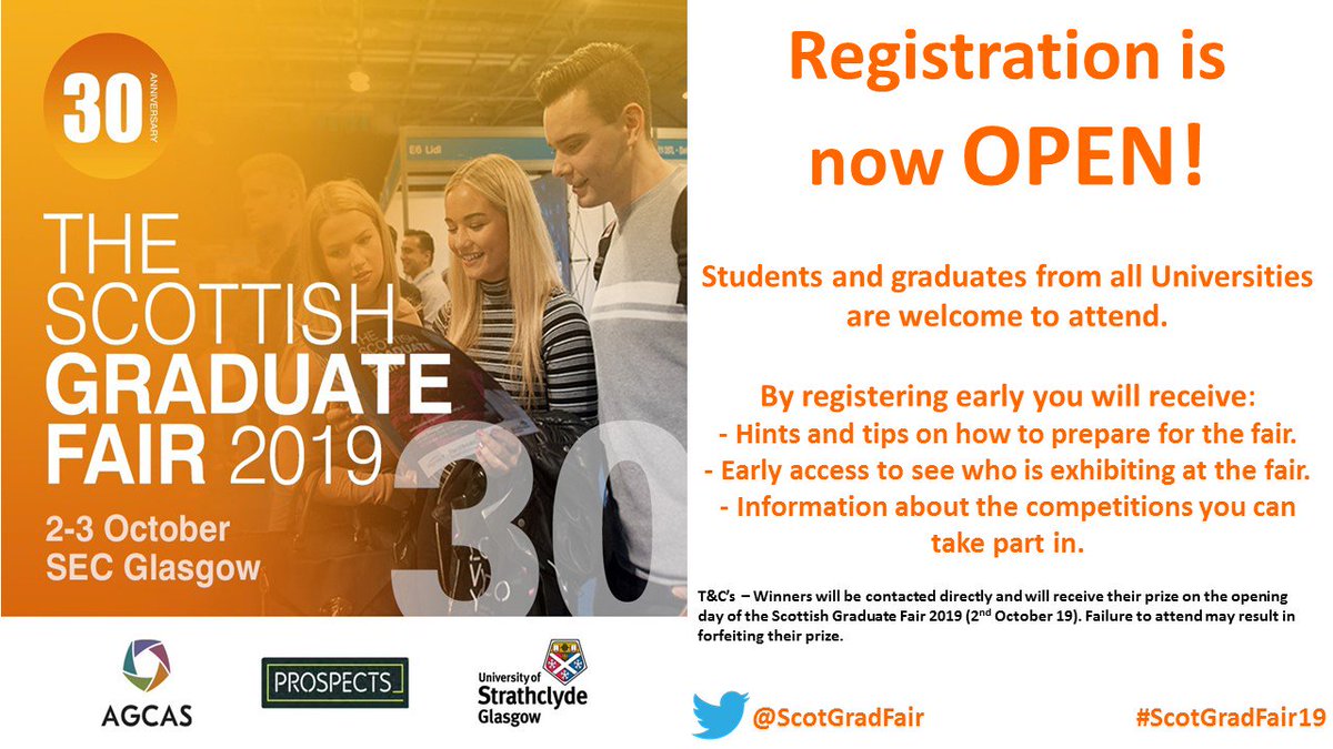 ScotGradFair's tweet photo. #ScotGradFair19 โ Registration Now OPEN! โจ๐ขโ
Early registration means you will receive:
- Hints and tips on how to prepare for the fair.
- Early access to see how is exhibiting at the fair.
- Information about the competitions you can take part in.
https://t.co/EAzaux3q77 https://t.co/Am0CICwLa6