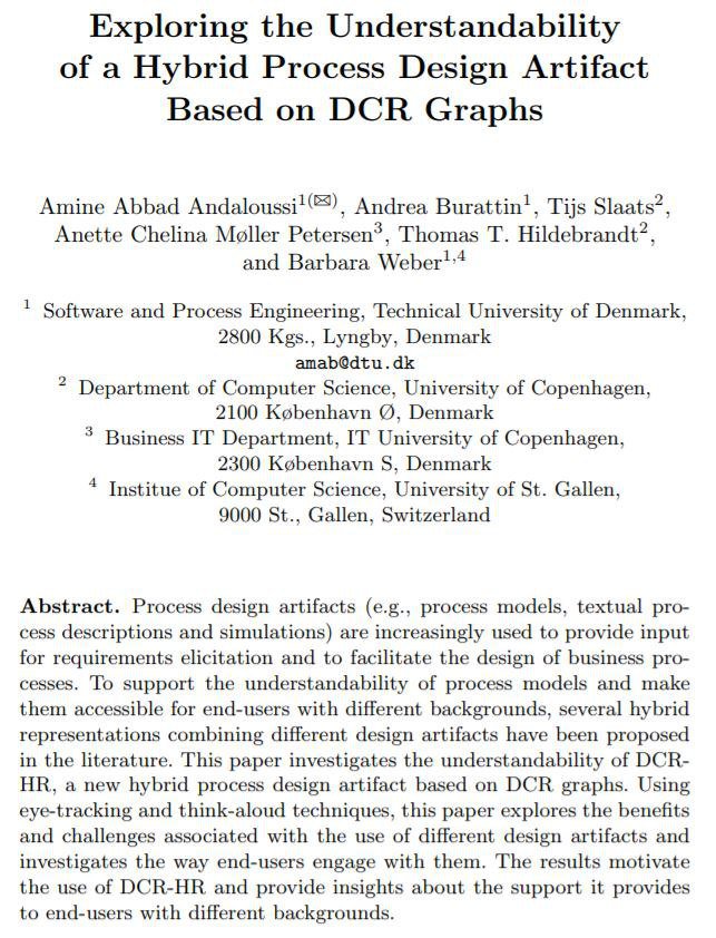 DTU_SPE's tweet image. @AmineAndalouzi presenting the paper &quot;Exploring the #Understandability of a #HybridProcess Design Artifact Based on #DCRGraphs&quot; at #BPMDS @CAiSEConf in Rome

📃 doi.org/10.1007/978-3-…
🔓caise19.it/proceedings/ (4 weeks free proceedings)