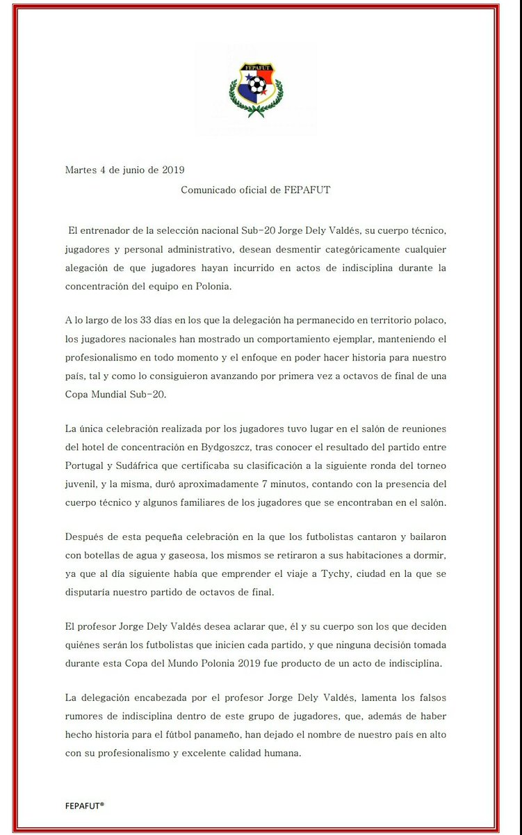 Comunicado oficial de la Federación Panameña de Fútbol.