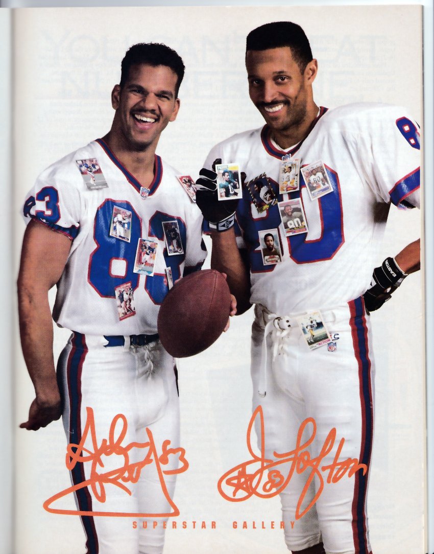 HelmetAddict's tweet image. Get a load of these characters. @Andre_Reed83 and @lofton80 having fun with their trading cards. These 90s Bills whites were sharp.