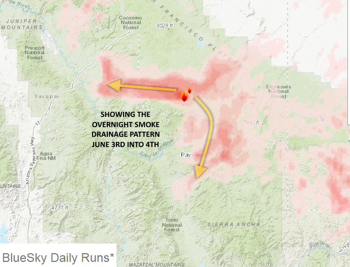 WeatherChitChat's tweet photo. If you are seeing smoke in/around #Payson this morning it is from the lightning caused #ColdwaterFire that is burning south of #ClintsWells. Should clear in the next couple of hours as temperatures warm. #azwx #azfire https://t.co/SSFArFxgUZ