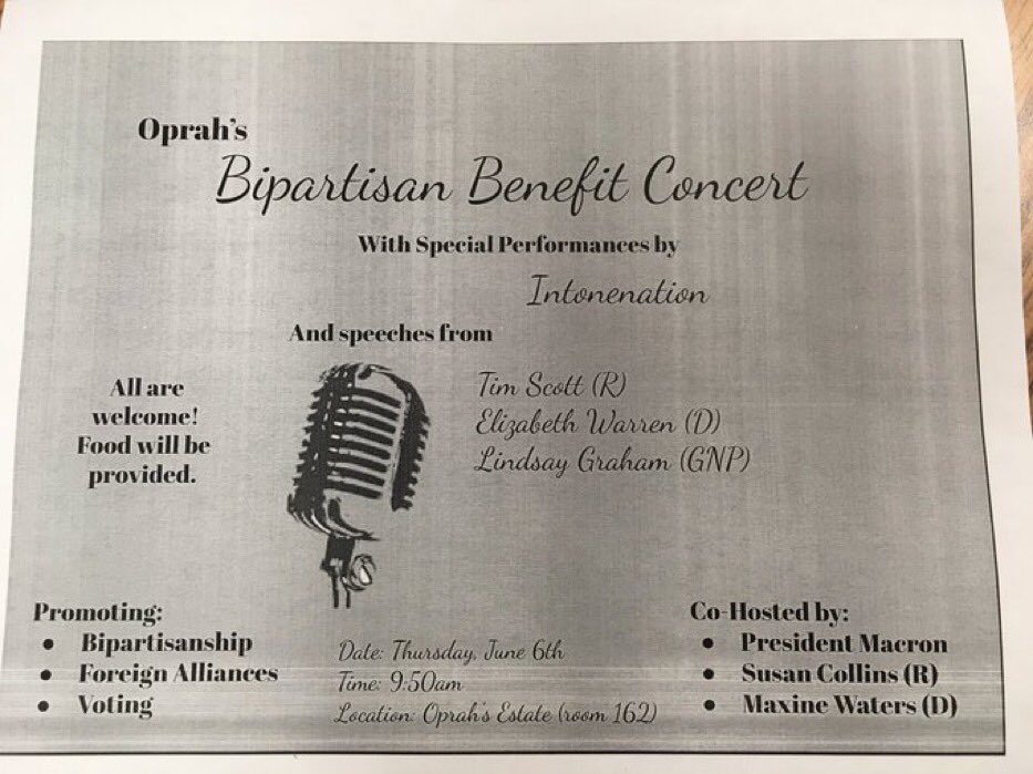 cap_oprah's tweet photo. Save the date! My Bipartisan Benefit Concert, hosted with my friends Emanuel Macron, Susan Collins and Maxine Waters, is on Thursday! I’ll be sure to see you all there. #cappotus https://t.co/pUBjRL7OxS