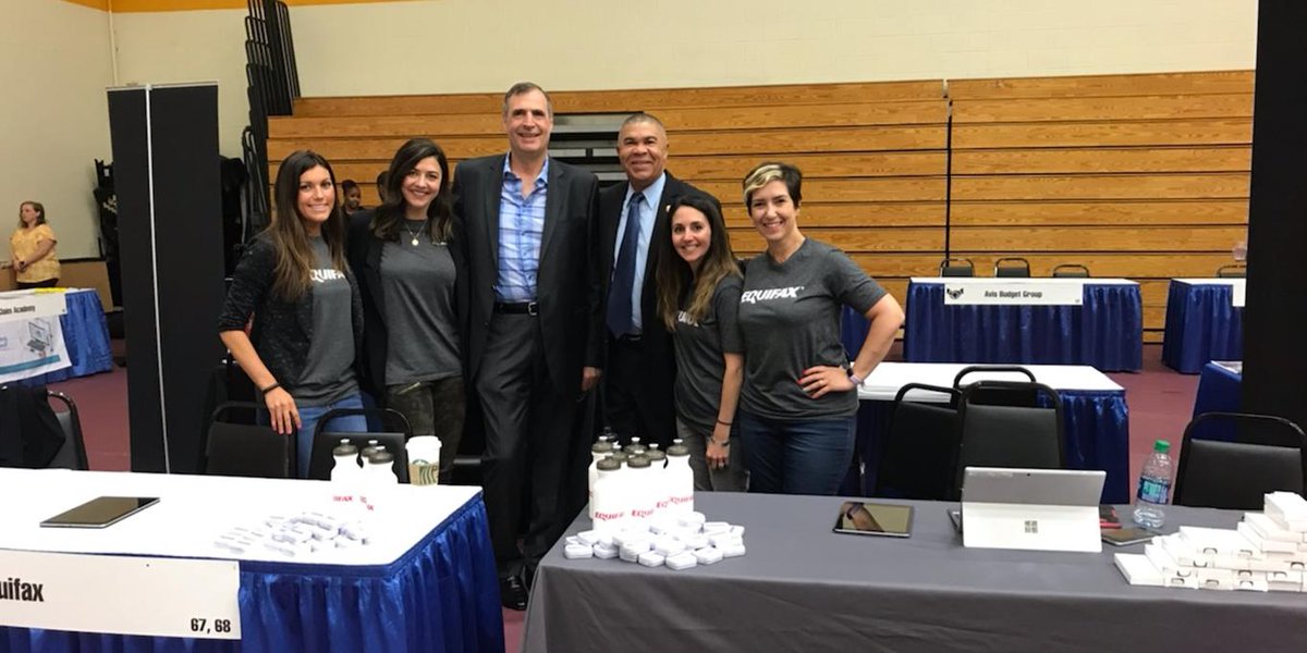 Equifax's tweet photo. We were excited to take part in the #ClayCareerFair yesterday. The team and Workforce President Rudy Ploder met @LacyClayMO1 to talk growth and #Jobs4STL. https://t.co/Vu6i2LMZkt