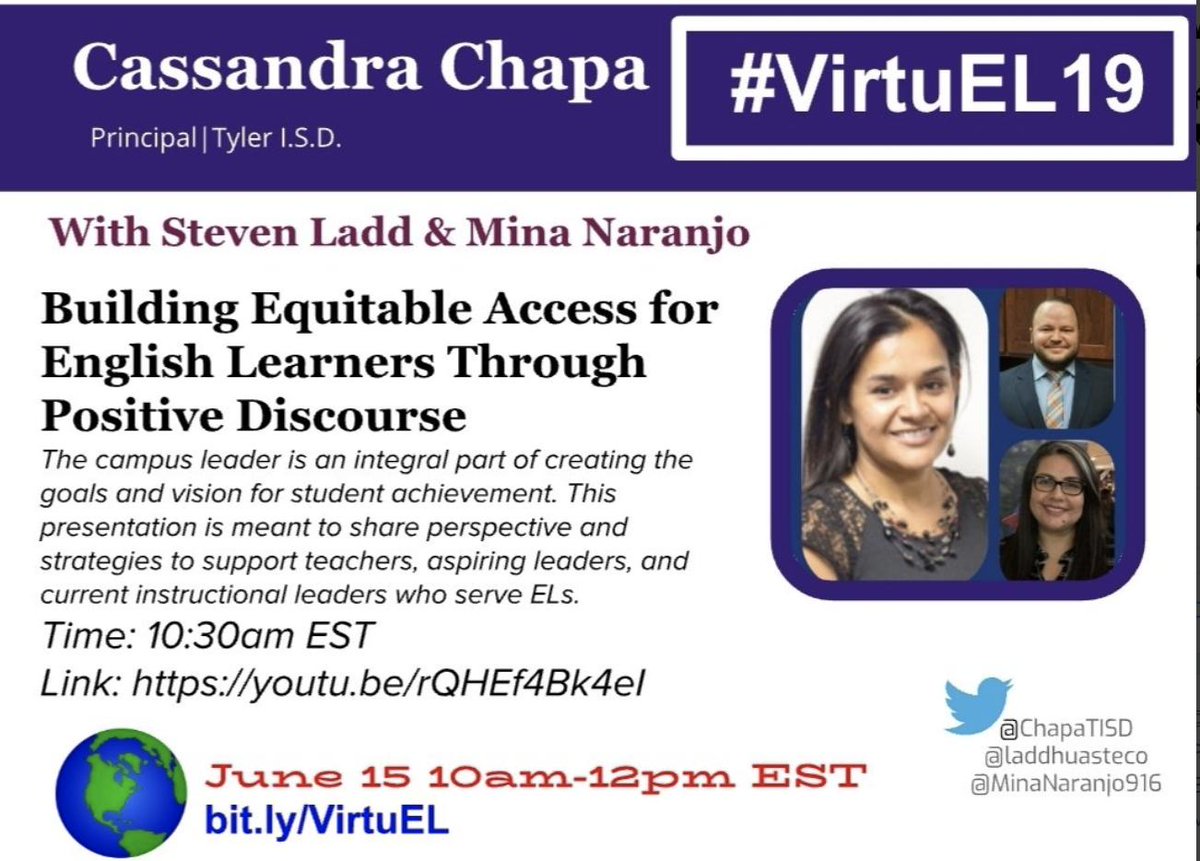 Leaders who serve #ELs!
Mark your calendar for a great #VirtuEL19 presentation by <a href="/ChapaTISD/">Cassandra Chapa</a> <a href="/laddhuasteco/">Steven Ladd</a> &amp; @MinaNaranjo916 on June 15!
This is a don't miss for administrators.  
✔️out the entire line up with links: bit.ly/VirtuEL