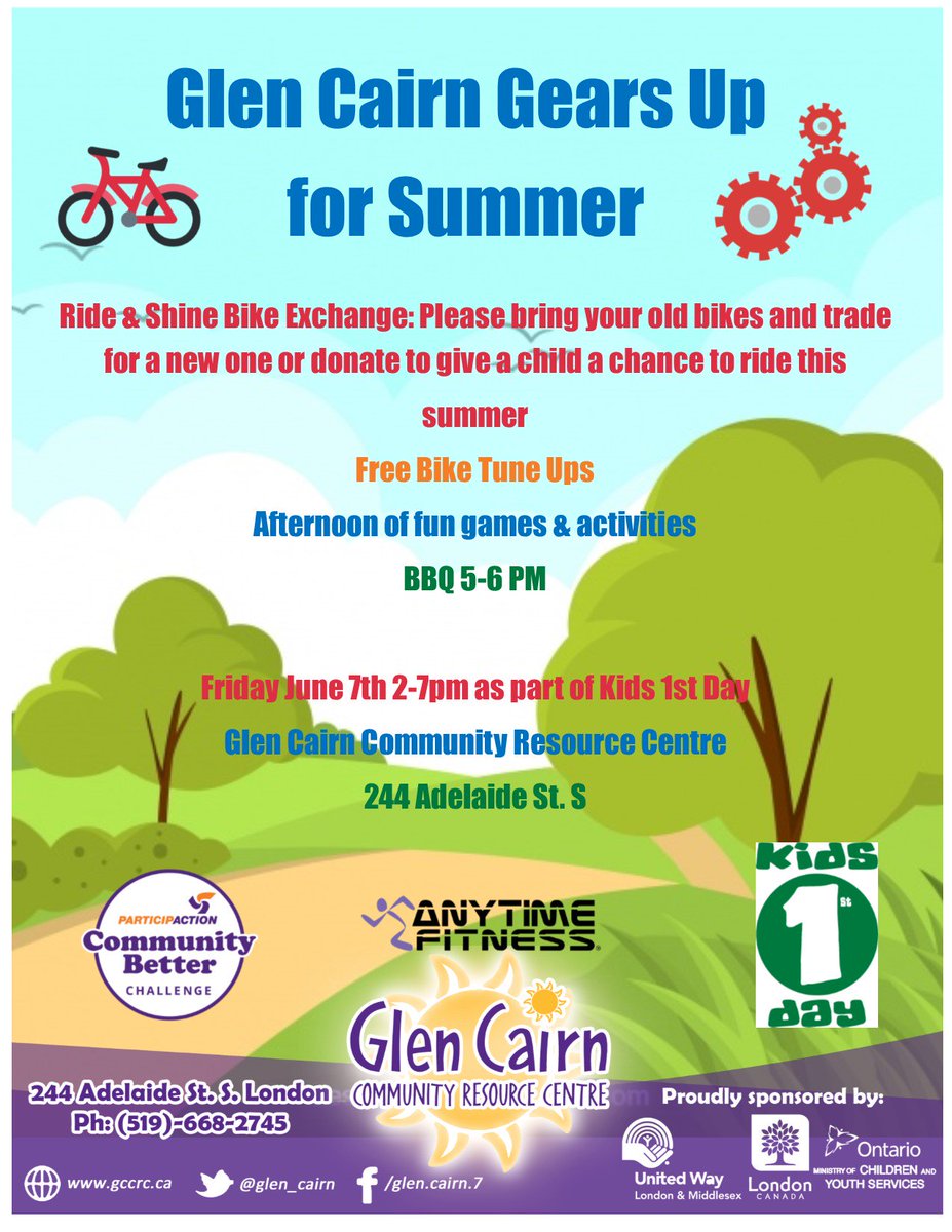 Join us and get active this Friday with our Gear up for summer event as part of #KidsFirstDay  &amp;  #CommunityBetter   Donate your old bikes at the centre today! <a href="/StSebastianElem/">St. Sebastian</a> <a href="/CCCarrothersPS/">C.C. Carrothers PS</a> <a href="/glencairnschool/">Glen Cairn PS</a> <a href="/InvestChildren/">InvestinginChildren</a> <a href="/ParticipACTION/">participaction</a>