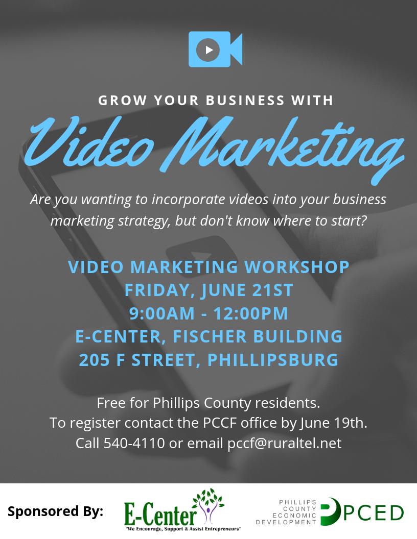 Video Marketing Workshop - Friday, June 21st
The E-Center and Phillips County Economic Development are joint sponsors of this workshop as they strive to provide current business information and hands-on training to small businesses and entrepreneurs of Phillips County.