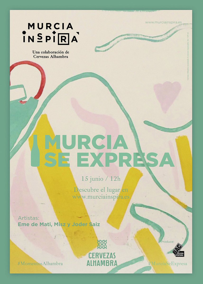 Murciainspira's tweet photo. 🔥 ¡Preparados, listos, espray! ¡Llega la segunda edición de #MurciaSeExpresa 🔥
El 15 de junio podremos disfrutar del talento de artistas como #Misz, #JoderSaiz y #EmedeMati, mientas grafitean un mural en directo.
https://t.co/MzHdoT2fKs
#MomentosAlhambra
@Alhambra_Es https://t.co/xUVtr9Tl2L