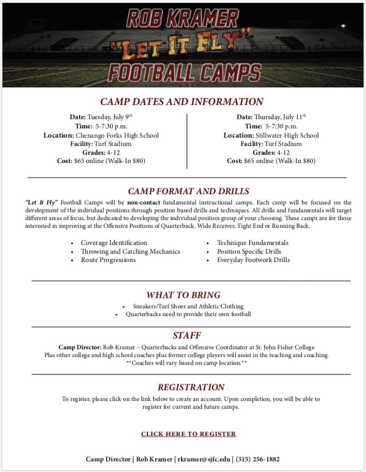 SjfFootball's tweet photo. 💥Let It Fly💥 Summer Camps 💥

✅ALL OFFENSIVE SKILL
✅Develop and Enhance Techniques
✅ Multiple Dates/Multiple Locations/Multiple Coaches 

Directed by our very own OC/QB Coach @Coach_Kramer15

@Section4Scores 
@Sect2athletics 

⚠️REGISTER TODAY⚠️ https://t.co/LIm7kvwvwf