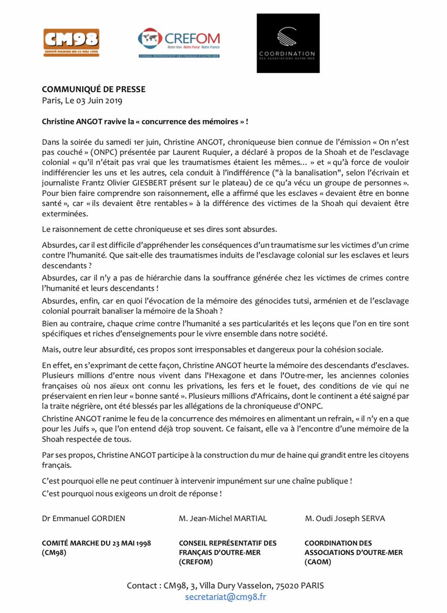 LE_CREFOM's tweet photo. Par ses propos, Christine ANGOT participe à la construction du mur de haine qui grandit entre les citoyens français.C’est pourquoi elle ne peut continuer à intervenir impunément sur une chaîne publique ! C’est pourquoi nous exigeons un droit de réponse !​ @ONPCofficiel https://t.co/tO7GS8FNoE