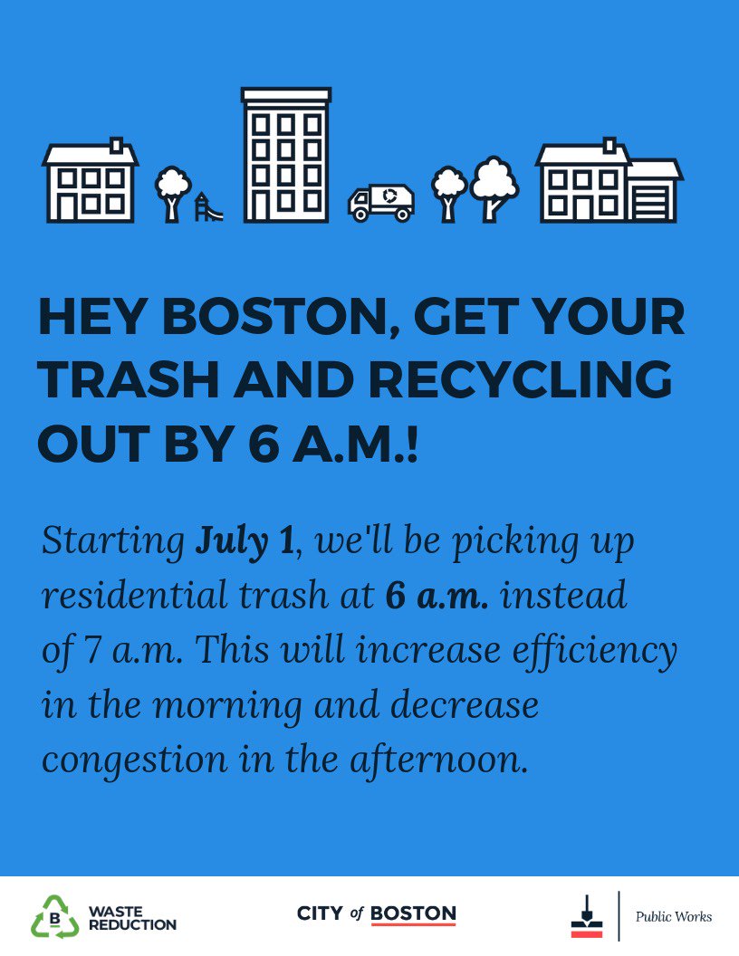 CityOfBoston's tweet photo. ⚠️ Changes to collection service start on July 1!
TIME CHANGE: citywide trash &amp; recycling collection will start at 6 am 
SCHEDULE CHANGE: North End trash &amp; recycling collection will be changed to Mon. &amp; Thurs. Thurs. day street sweeping moving to Fri.
https://t.co/t3bfZOn3zr https://t.co/cPOTlkmnp6