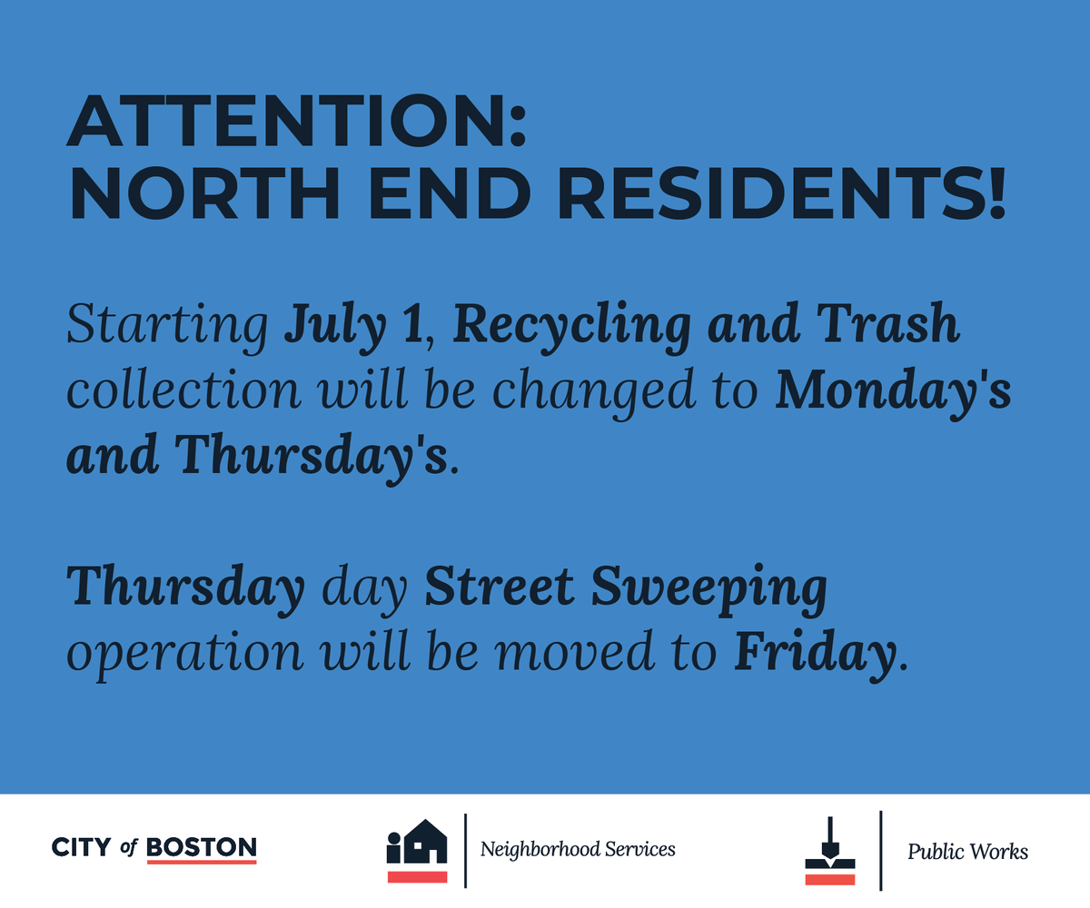 CityOfBoston's tweet photo. ⚠️ Changes to collection service start on July 1!
TIME CHANGE: citywide trash &amp; recycling collection will start at 6 am 
SCHEDULE CHANGE: North End trash &amp; recycling collection will be changed to Mon. &amp; Thurs. Thurs. day street sweeping moving to Fri.
https://t.co/t3bfZOn3zr https://t.co/cPOTlkmnp6