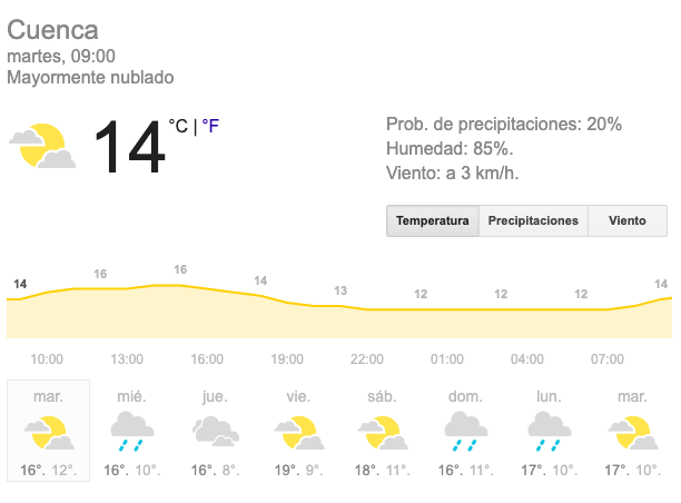 el_alerta's tweet photo. Buen martes amigos, iniciamos la jornada laboral con la revisión del clima para hoy en #Cuenca. #AlertaCuenca https://t.co/rNYDAaFwpb