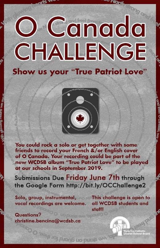 Hey #WCDSBAwesome musicians the final countdown is on to upload your fabulous version of O Canada.  June 7th is the deadline. <a href="/WCDSBNewswire/">WCDSB</a>