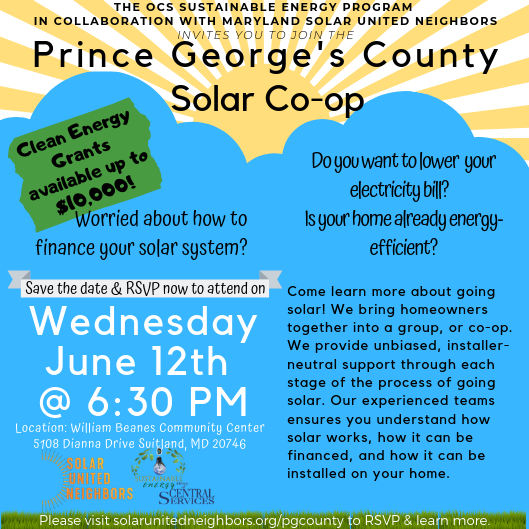 The next Solar Co-op Info Session is happening on June 12th! You have over a week to clear your calendar to attend the info session on how solar works, how to pay for it, and how to use our grants towards your new system! We hope to see you at the WIlliam Beanes CC in Suitland!