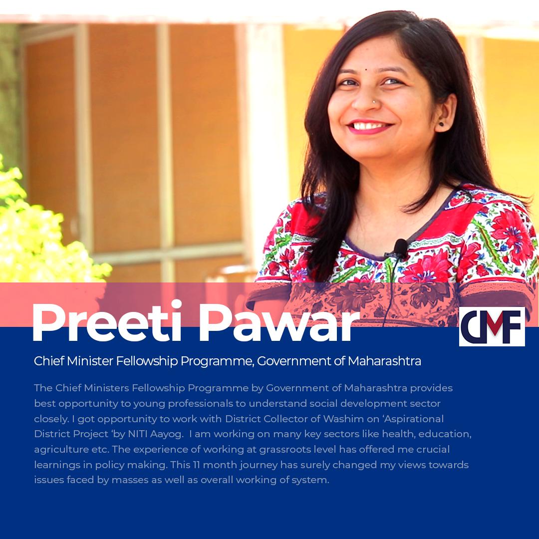 #FellowSpeaks 
CM Fellow <a href="/pawar_preeti/">Preeti Pawar</a> is working with Collector, Washim on #AspirationalDistrict Program of <a href="/NITIAayog/">NITI Aayog</a> She is helping in enhancing ranking of dist. Hon. CM <a href="/Dev_Fadnavis/">Devendra Fadnavis</a> has created this unparalleled opportunity for youth to understand ground realities.