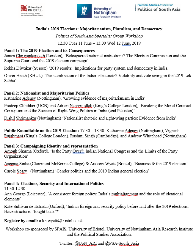 AW1010's tweet image. Indian 2019 elections to be analysed by many astute observers, in a joint workshop from @PSA_South_Asia @UoN_ARI @SPAISBristol  #LS2019 RSVP to ... me.
