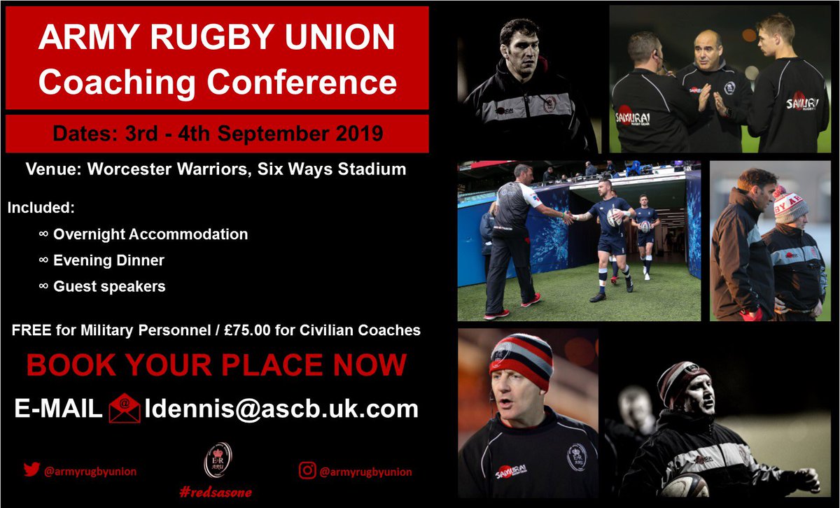 ARU COACHING CONFERENCE 🏉 📆 3/4 September 📍Six Ways Stadium, Worcester • Guest Speakers • Overnight Accommodation • Evening Dinner NO Cost for Military Personnel A chance to network and learn! Book now to avoid disappointment 📩 ldennis@ascb.uk.com